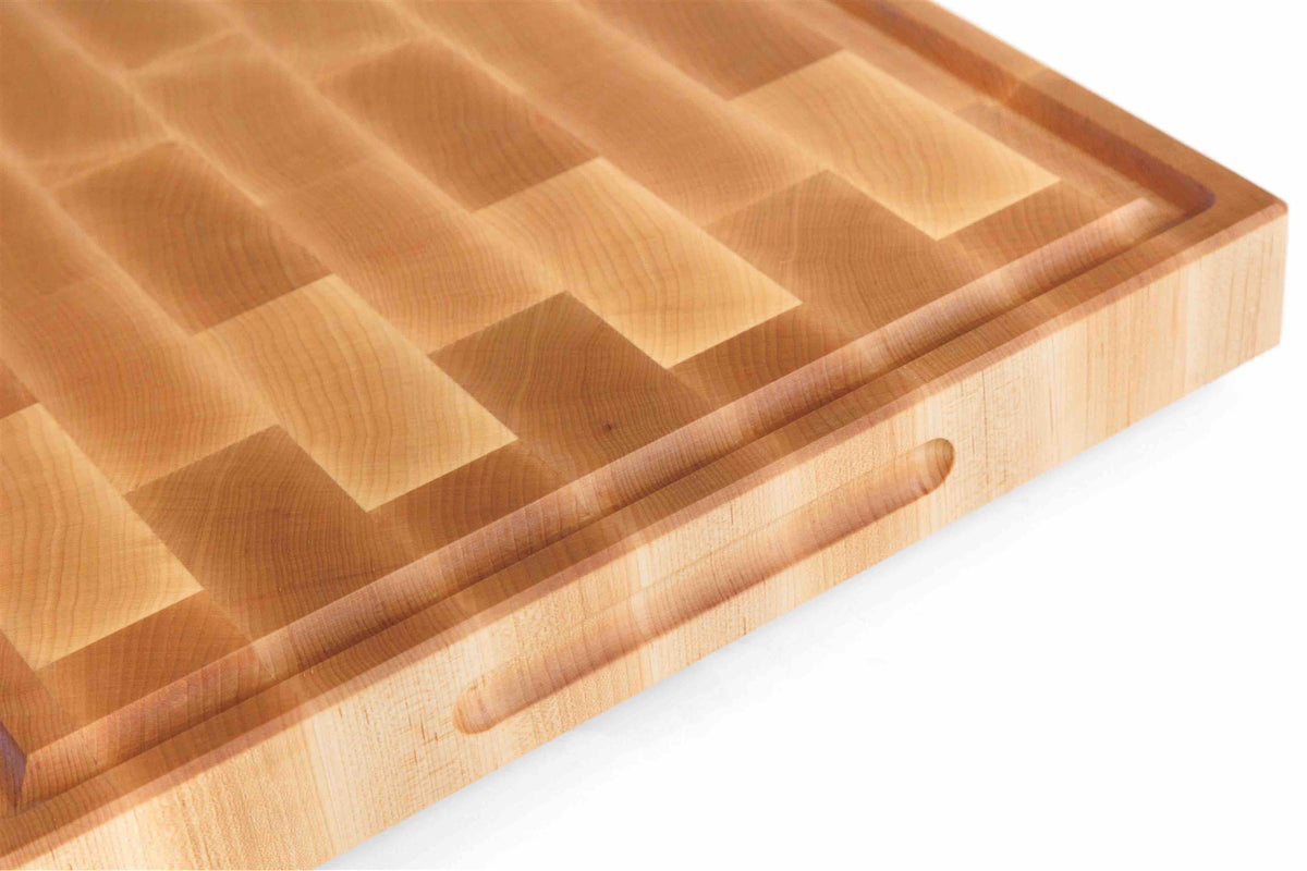 Maple mosaic end grain cutting board with juice groove and side handle slot